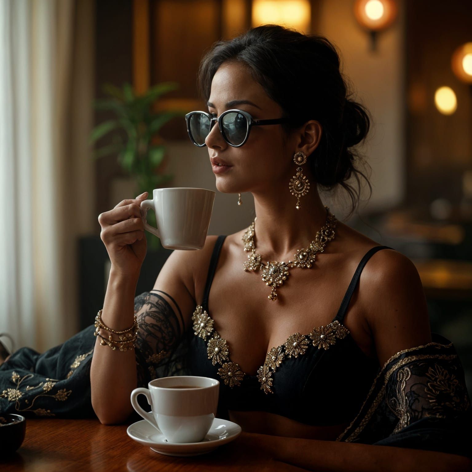 Cinematic Film Still: Woman in Lehenga Drinking Coffee