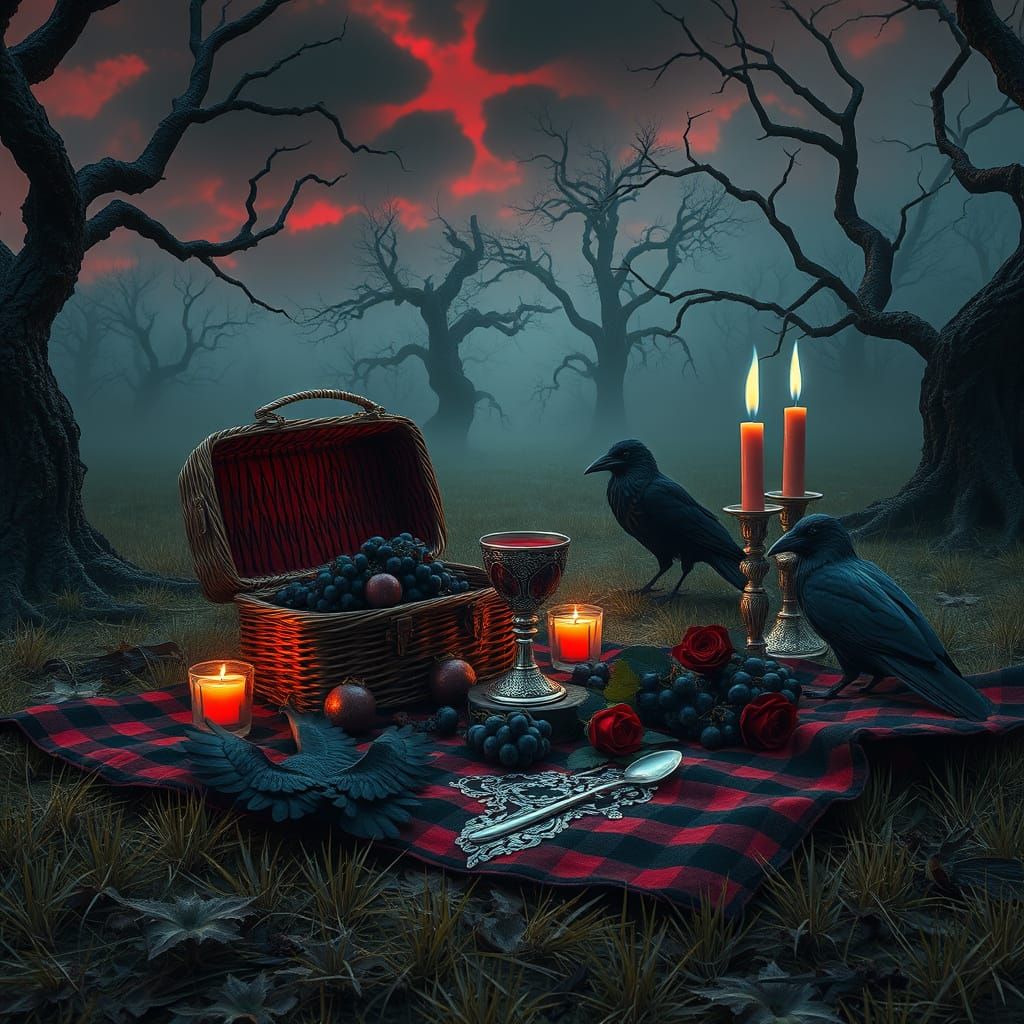 Dark Gothic Fantasy Picnic Scene in a Haunted Forest