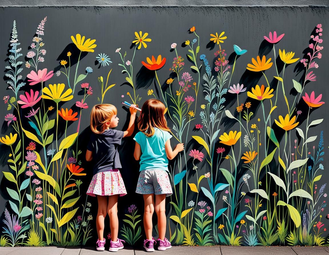 Children's Chalk Meadow on Concrete Wall, Art Brut
