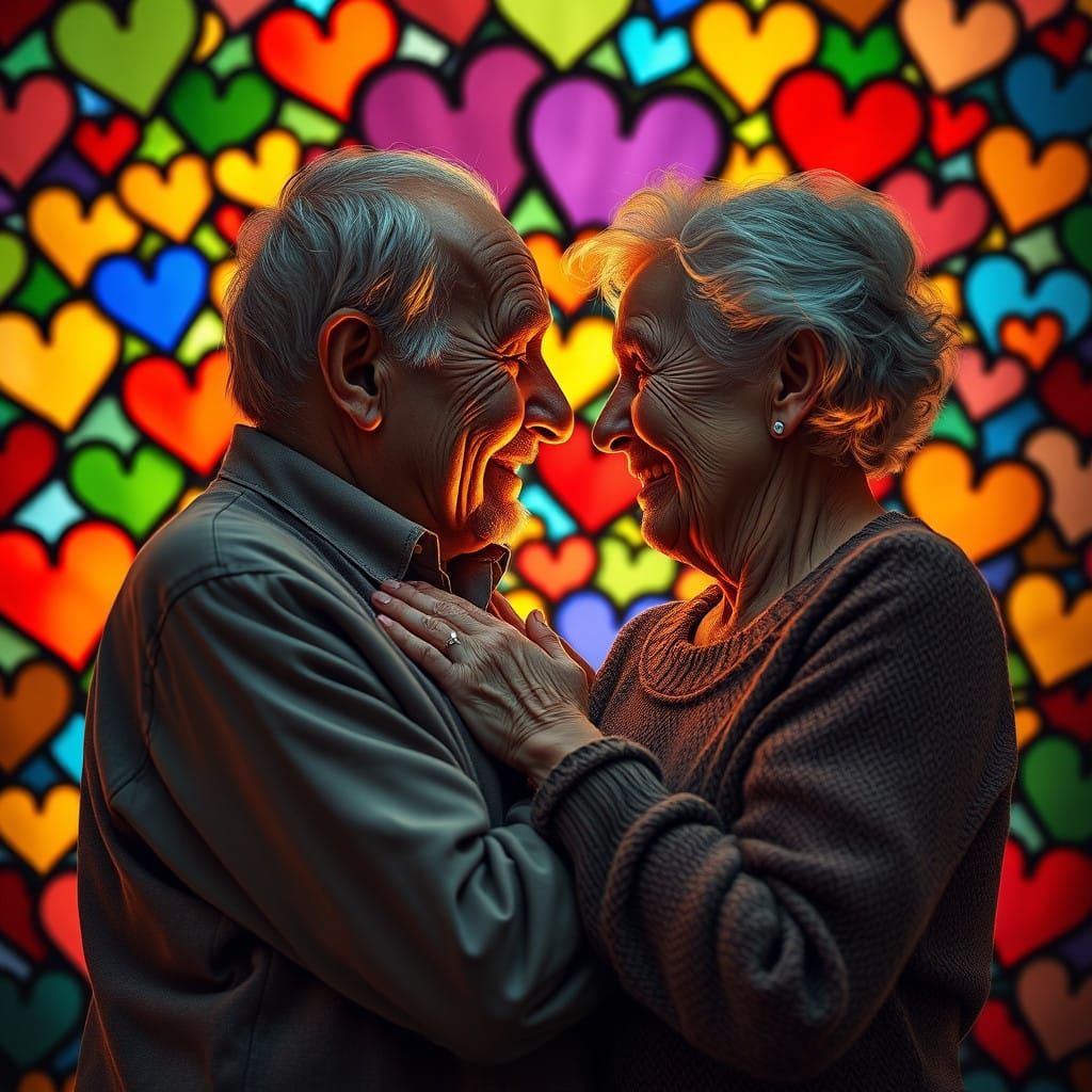 Intimate Elderly Couple in Golden Glow of Interlocking Heart...