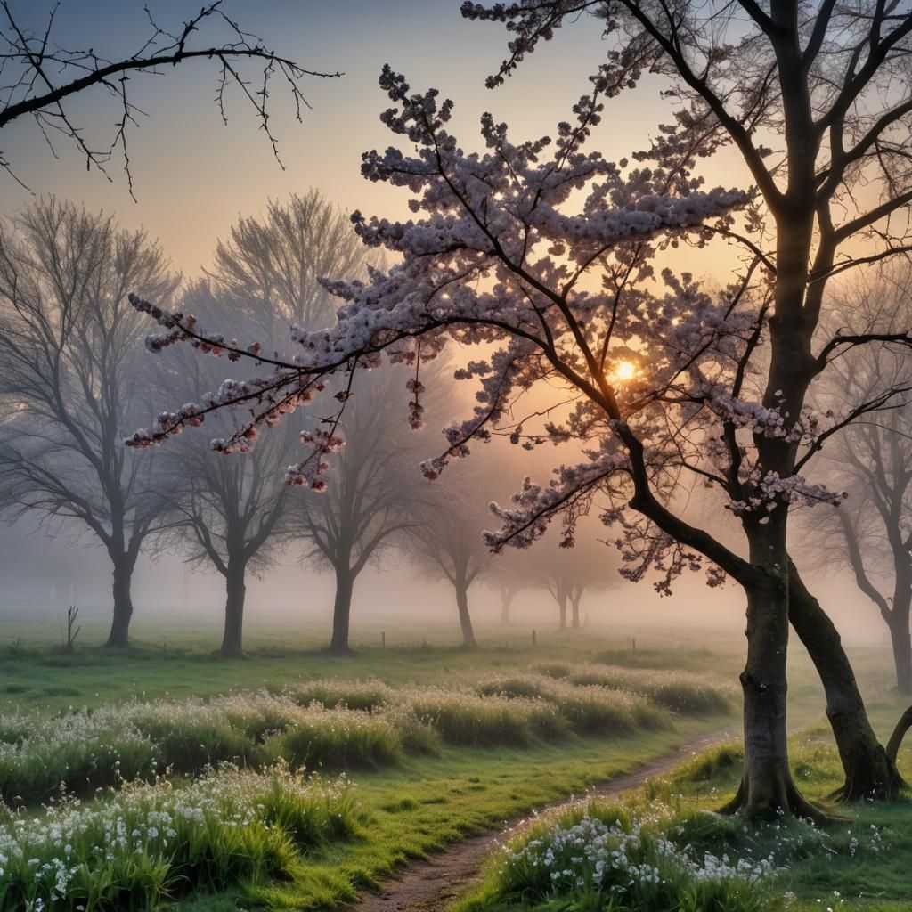Sunrise Cherry Blossoms in Mist