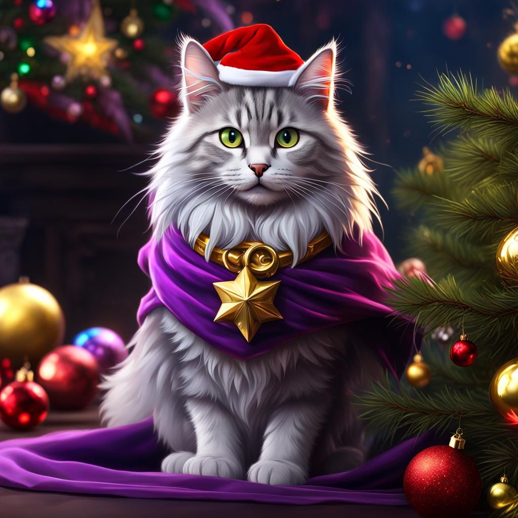 Festive Gray Siberian Cat in Christmas Costume