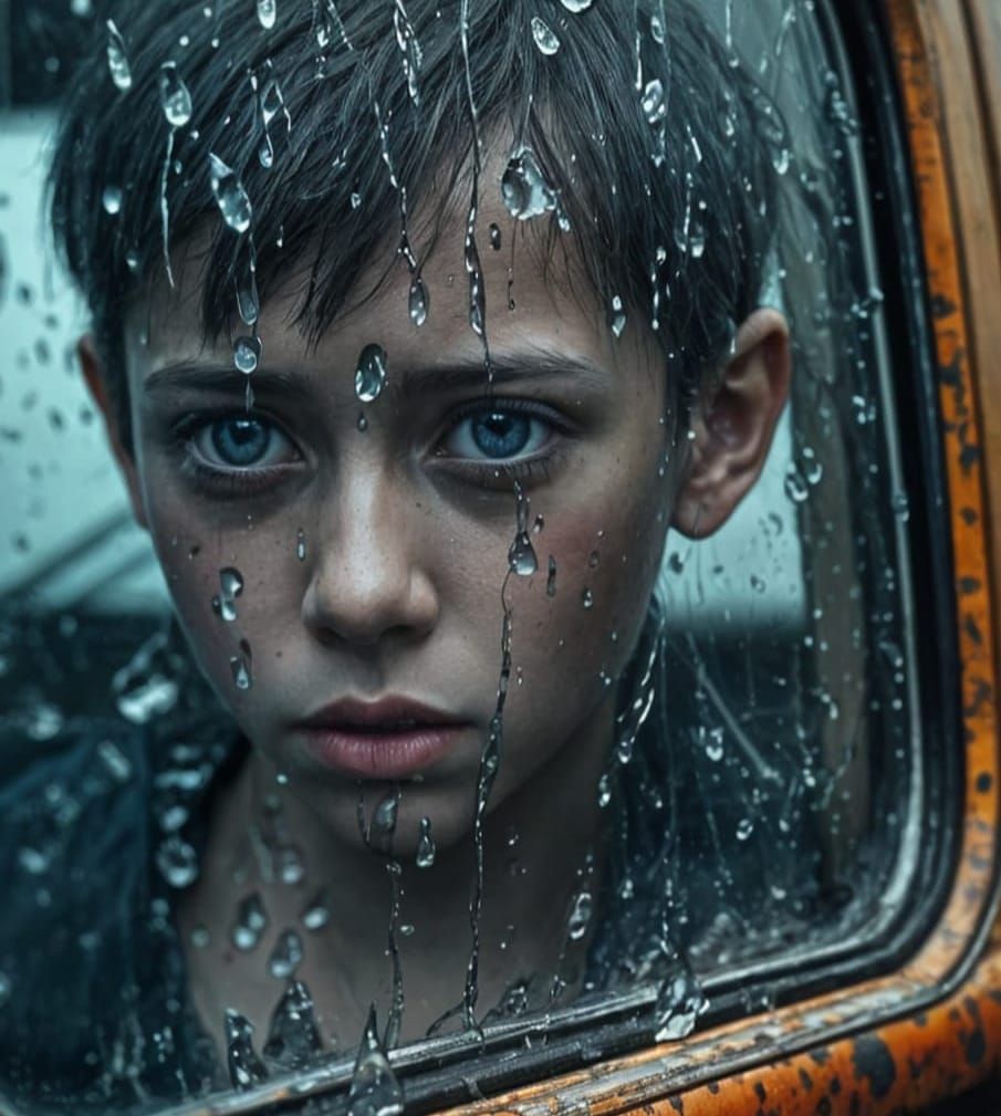 Sad Boy Cries in the Rain: Matte Painting