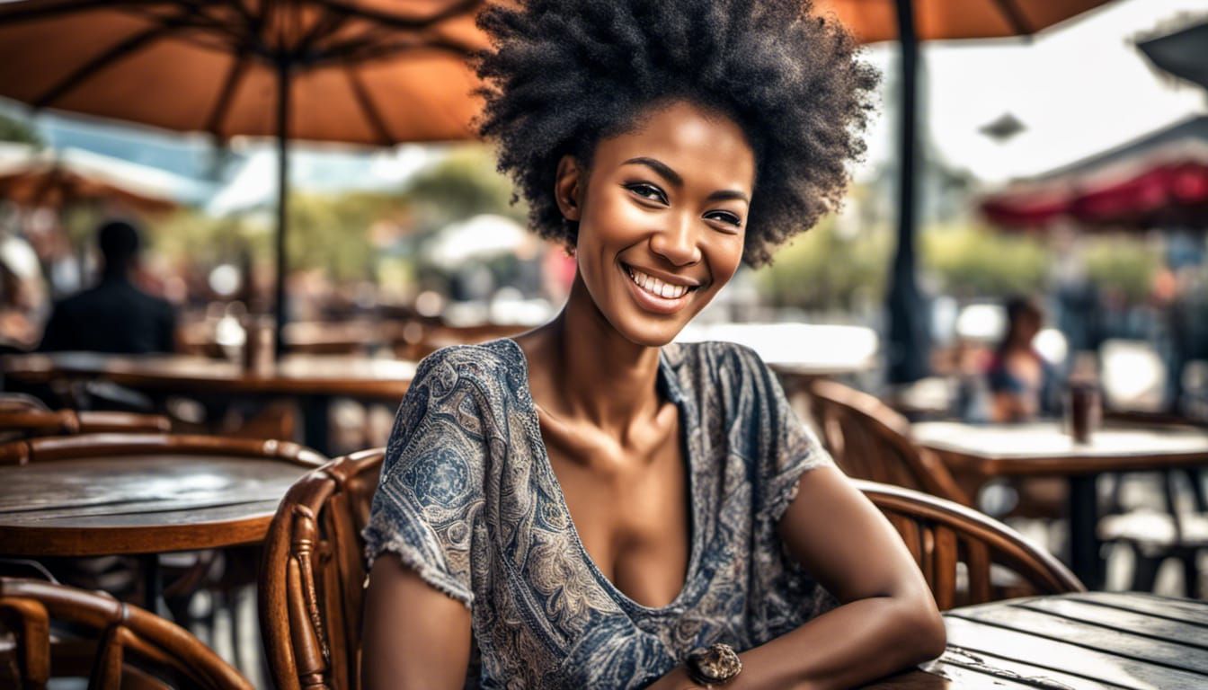 Beautiful Afro-Asian Woman Smiling in Cafe