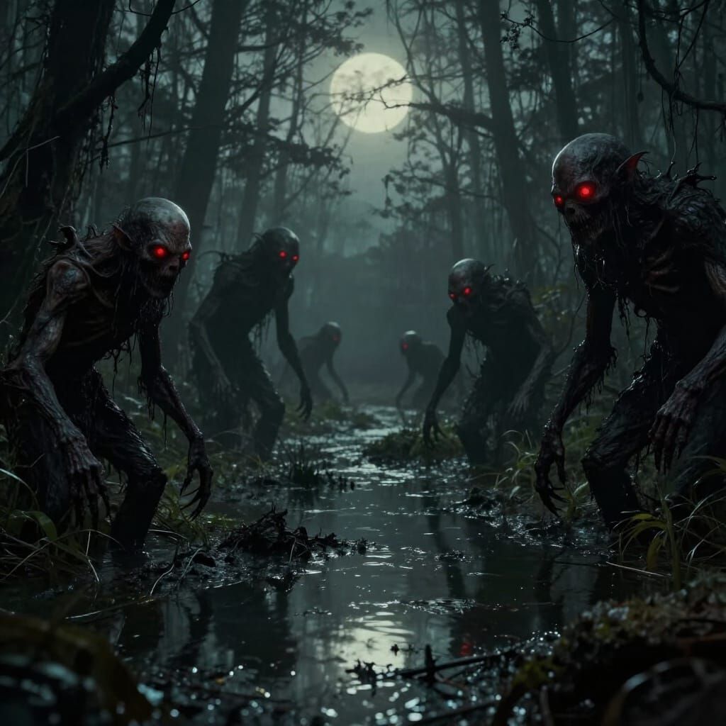 Dark Swamp Creatures Watch From Gloomy Twilight