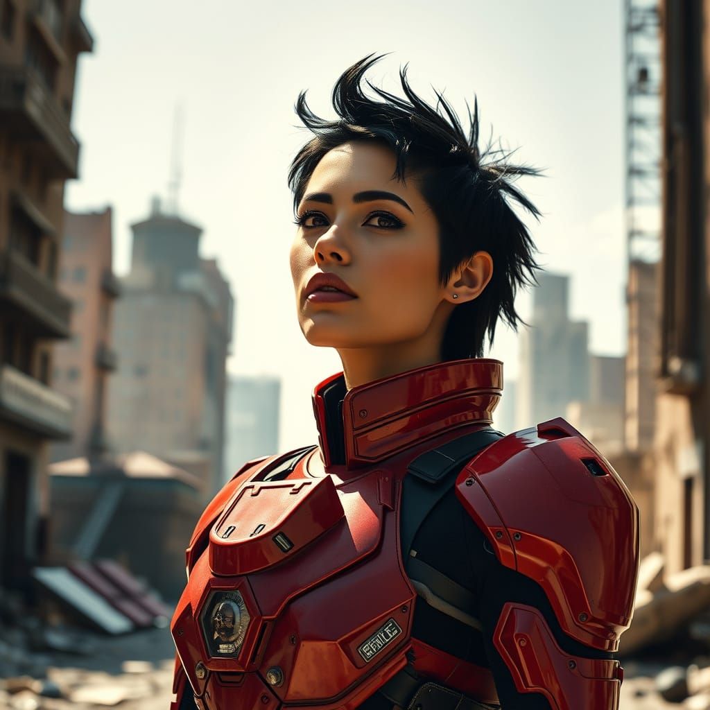 Armored Woman in Ruined City, Futuristic Style