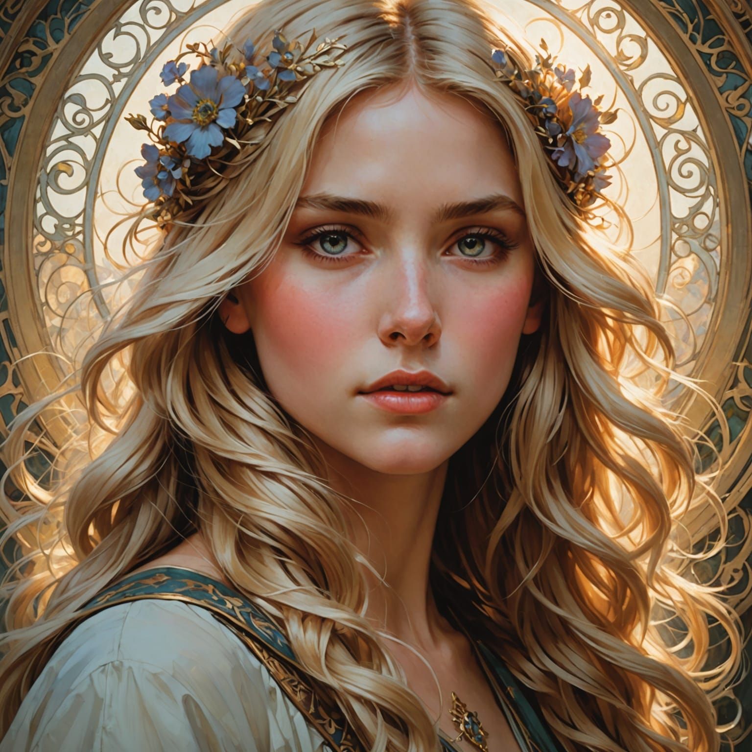 Youthful Female with Almond-Shaped Eyes and Vibrant Blonde H...