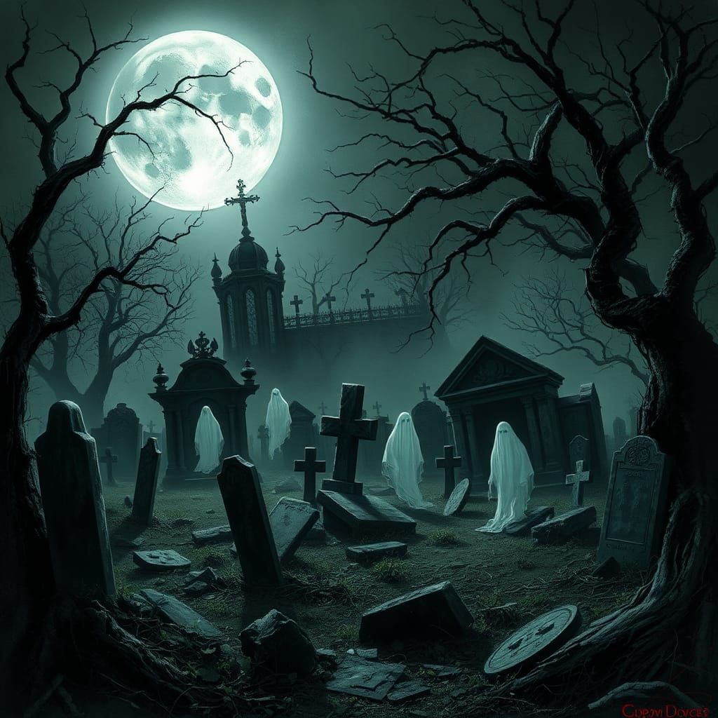 Eerie Graveyard with Ghosts in Moonlight