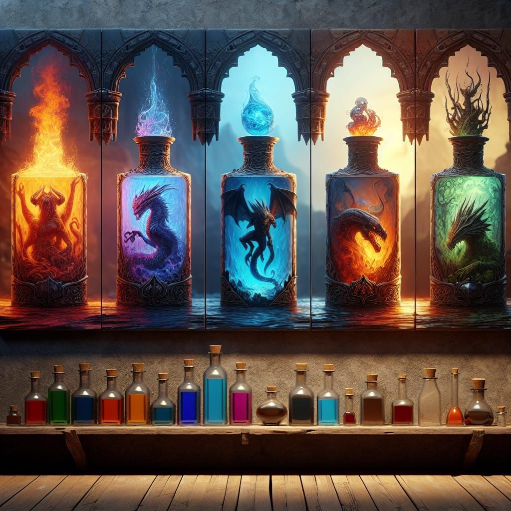 Fantastical Potion Bottles on Ancient Wooden Shelf