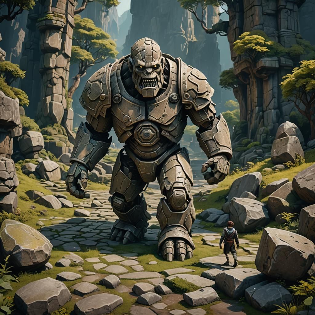 Stone Golem Walks: Detailed Fantasy Concept Art