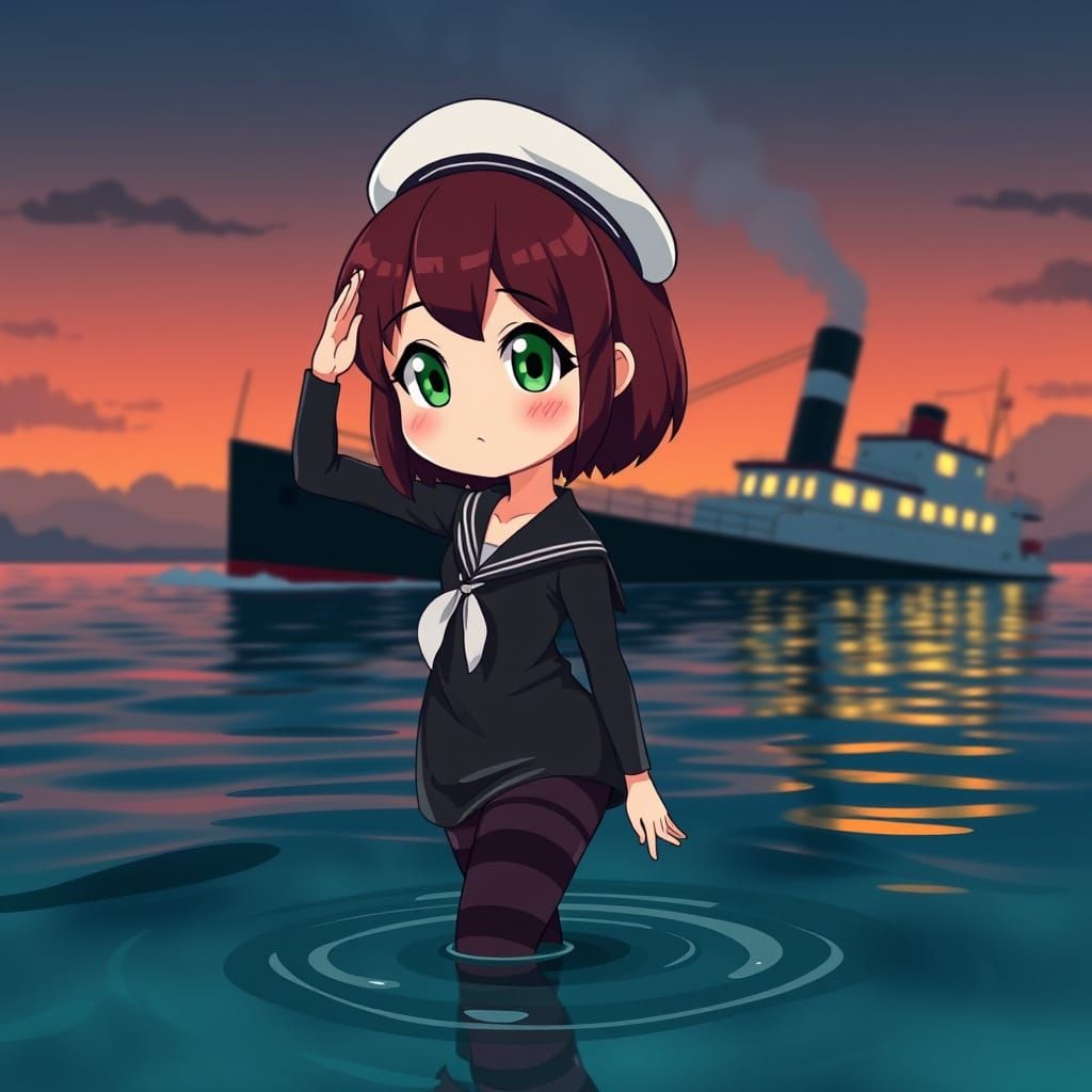 Anime Woman Saluting a Sinking Steamer