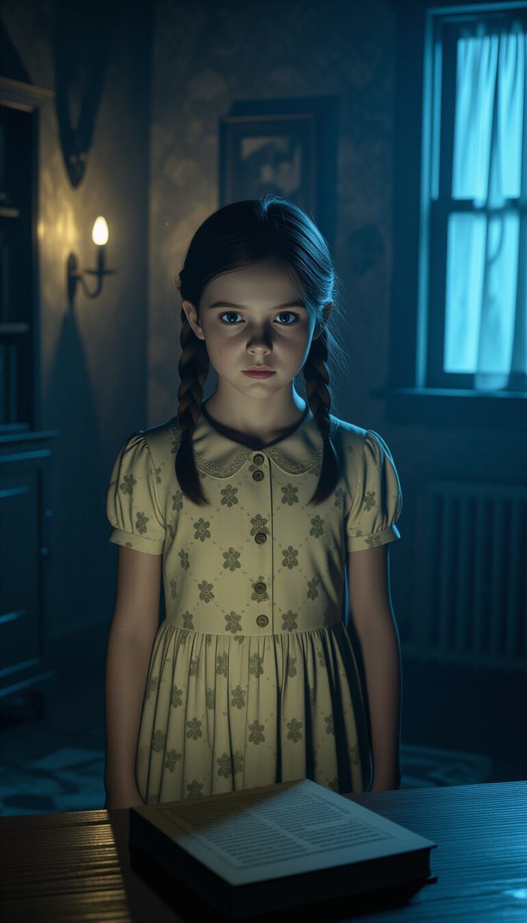 Eerie Ghost Girl in Dimly Lit Room, 3D Horror Style