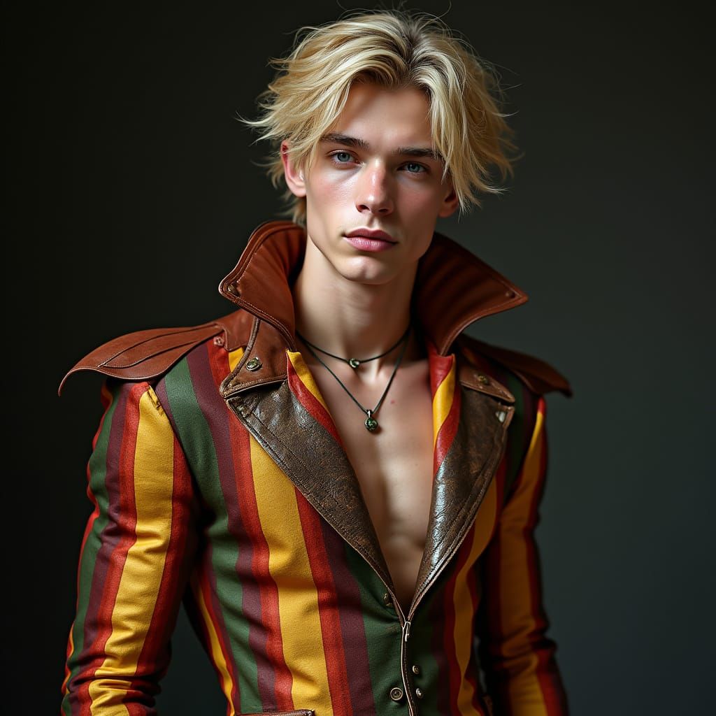Striking Jester in Bold, Striped Attire with Leather Accents