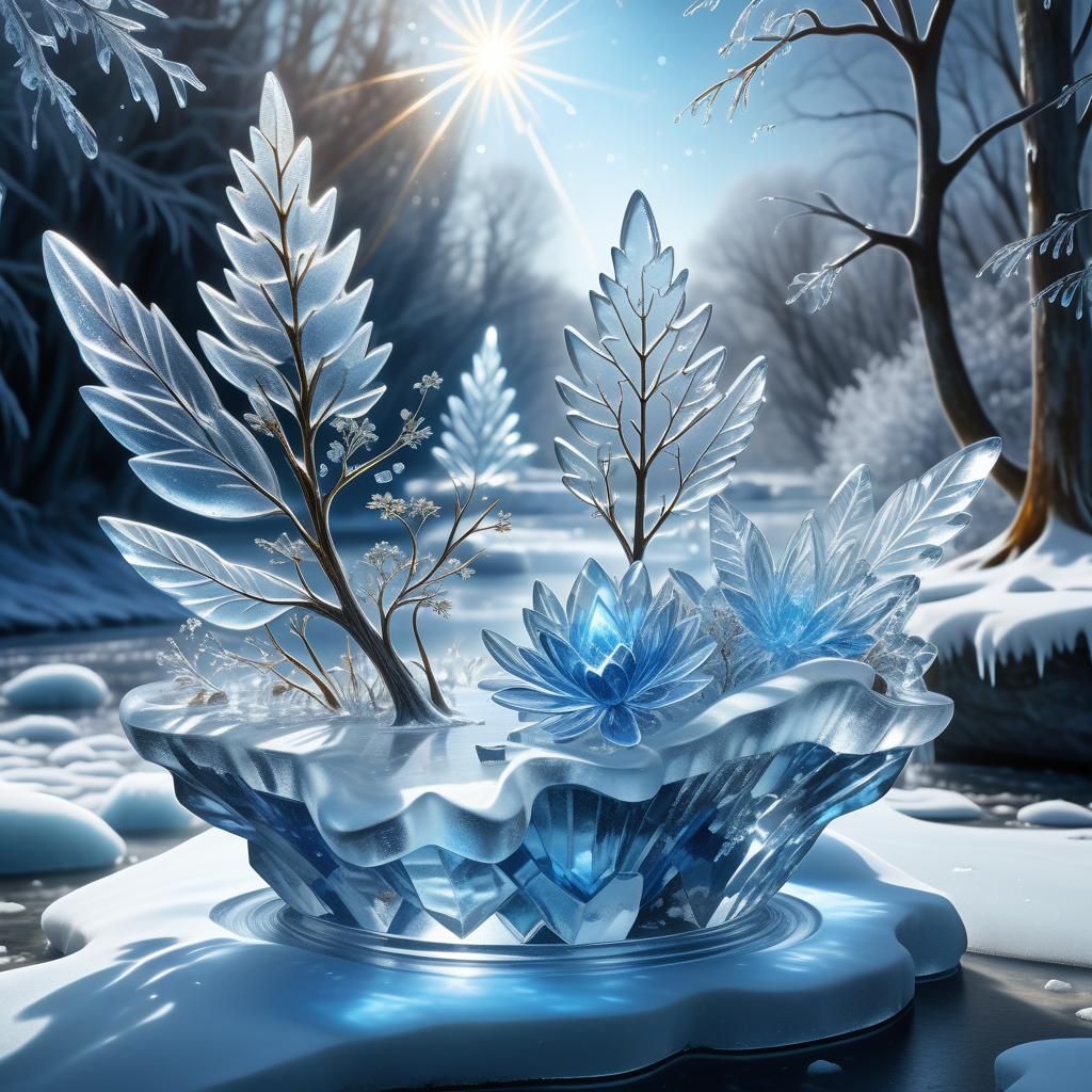 Mystical Fairy Ice Sculpture in Icy Riverscape