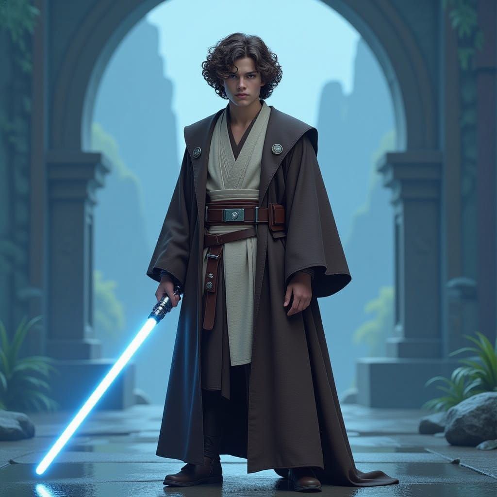 Young Jedi Warrior with Vibrant Blue Lightsaber in Tradition...