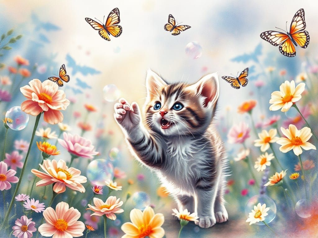 Playful Kitten Chasing Bubbles in Watercolor Garden