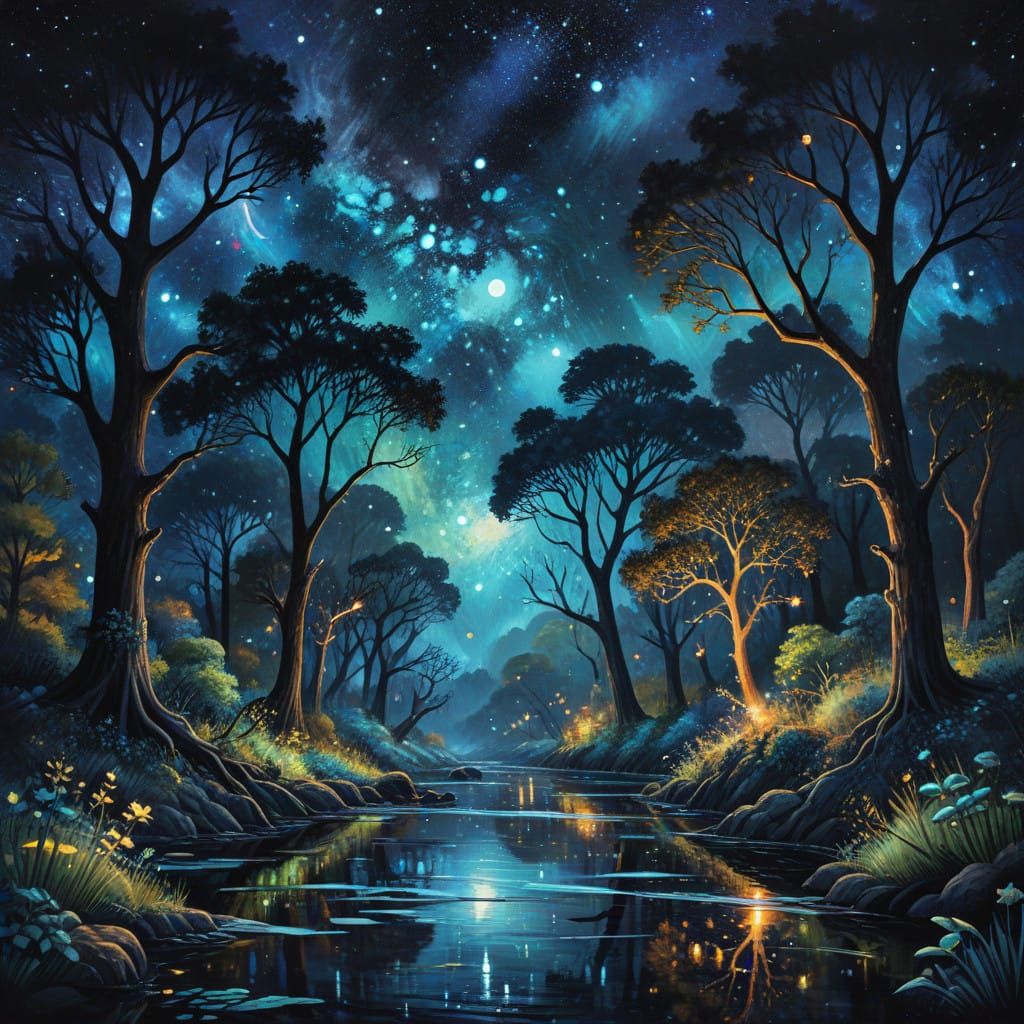 Surreal Cosmos Forest in Impressive Gouache Masterpiece