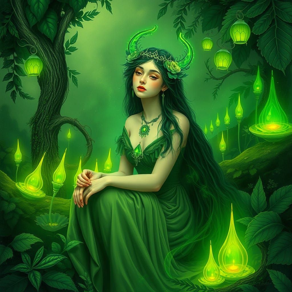 Serenely Contemplative Green Muse in a Whimsical Emerald Hav...