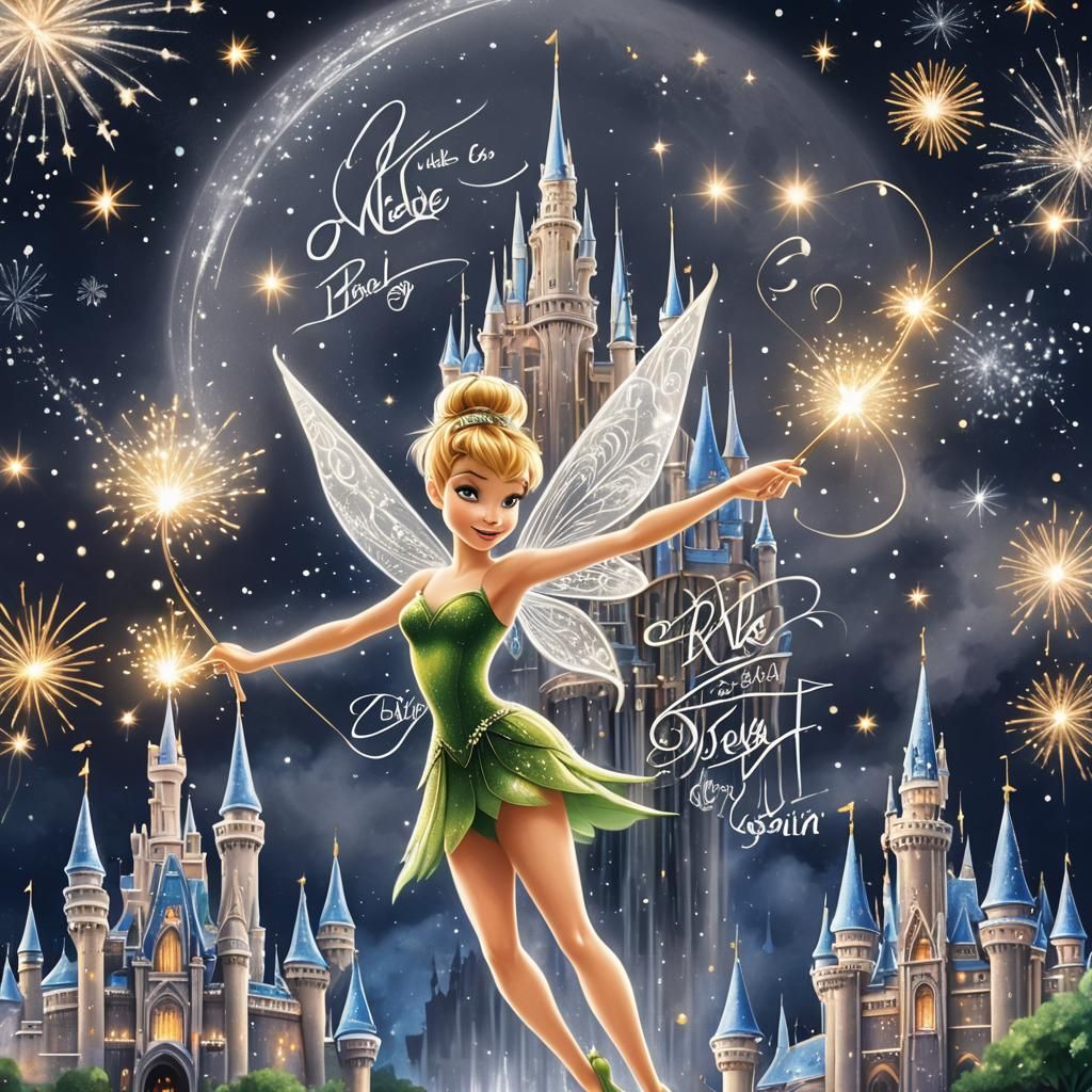 Tinker Bell with Silver Calligraphy on Disney Castle