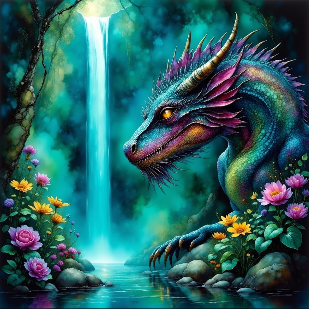 Ancient Dragon Guards Bioluminescent Waterfall in Fantasy Ar...