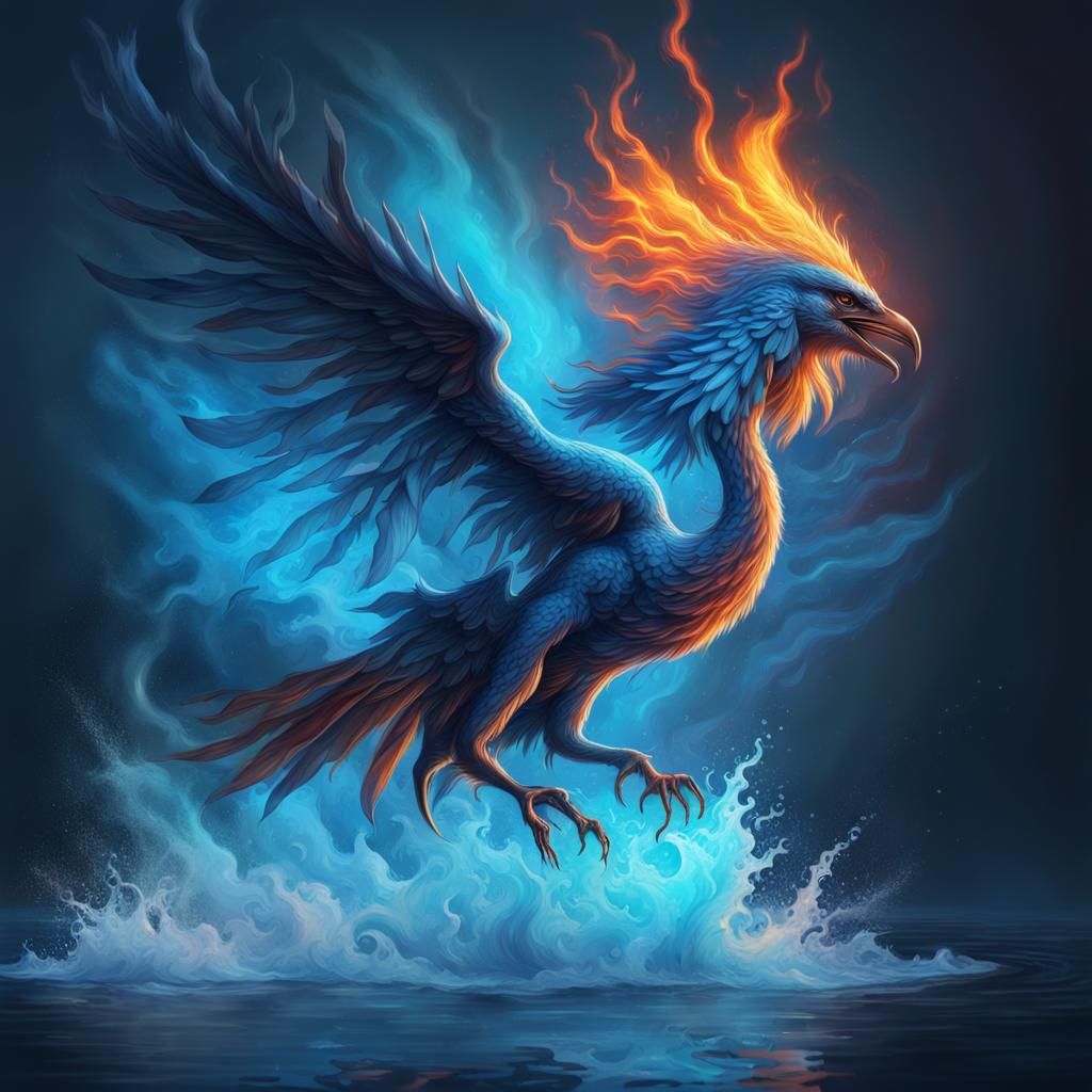 Blue Phoenix in Flight: Hyperrealistic Splash Art