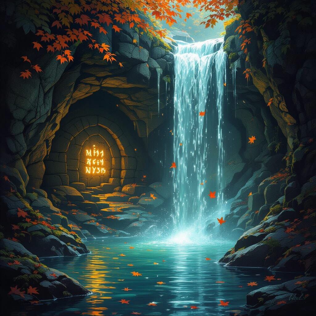 Hidden Grotto Behind Waterfall with Glowing Runes