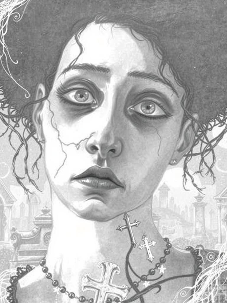 Gothic Woman in Moonlit Graveyard Illustration