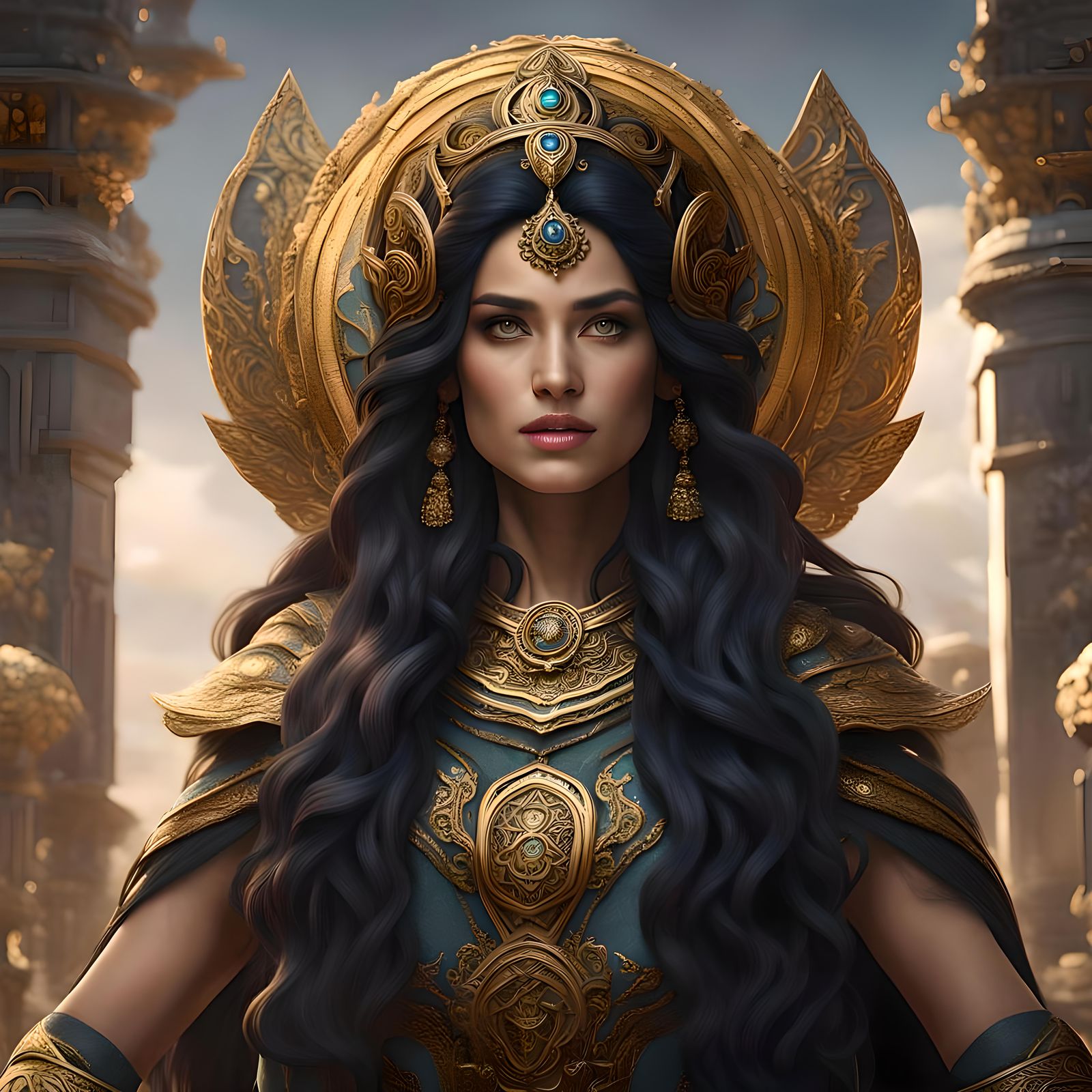 Hera with Noble Face and Wavy Black Hair in 8K