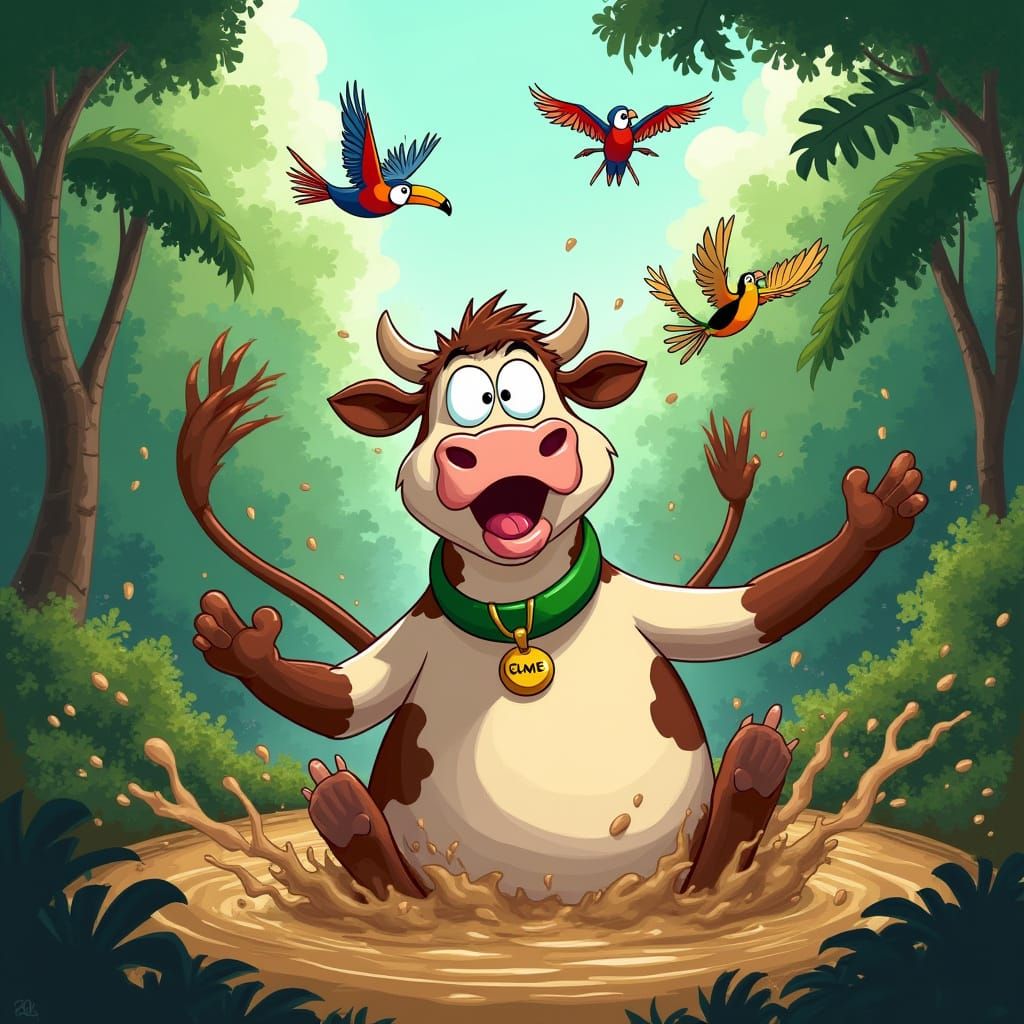 Cartoon Cow Falls into Jungle Mud Pit in a Comical Surprise