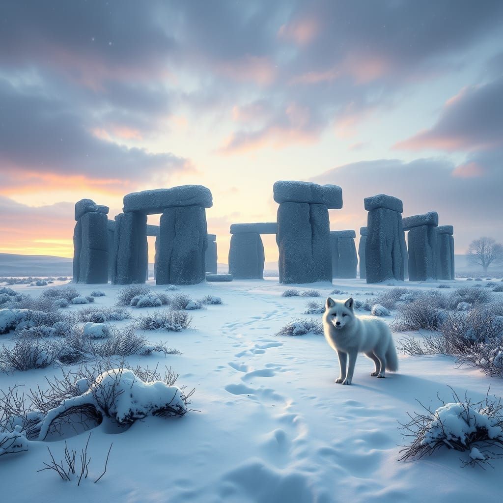 Stonehenge in Winter Landscape with Snow Foxes