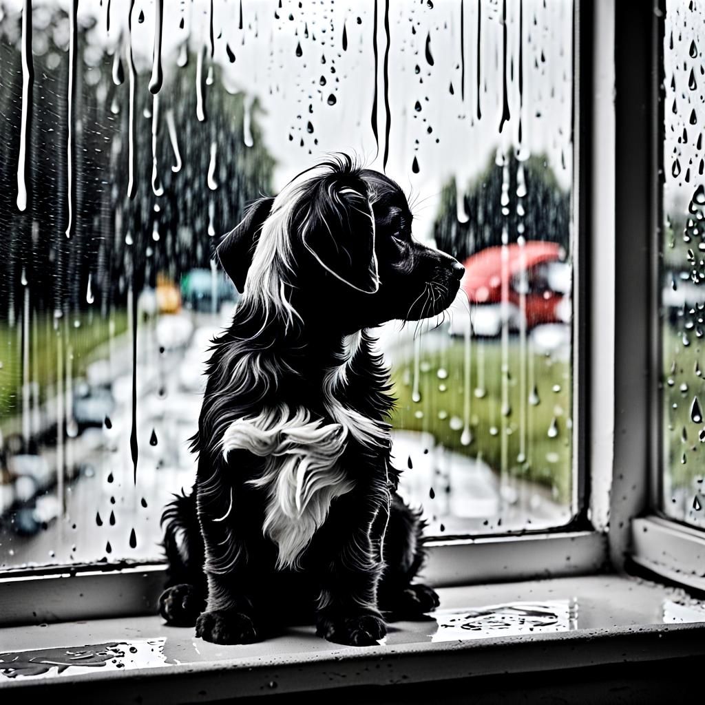 Sad Puppy Gazing Out Window on Rainy Day