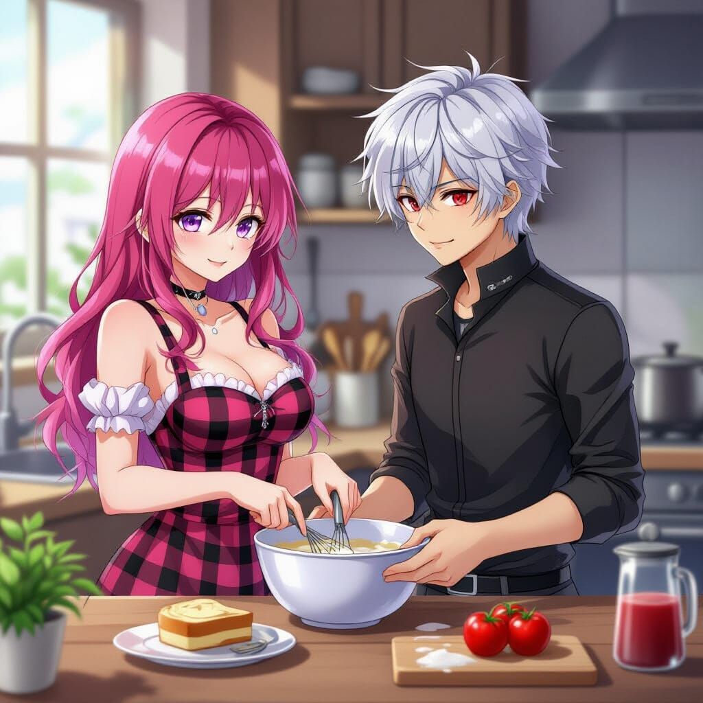 Anime Couple Baking Together in Kitchen