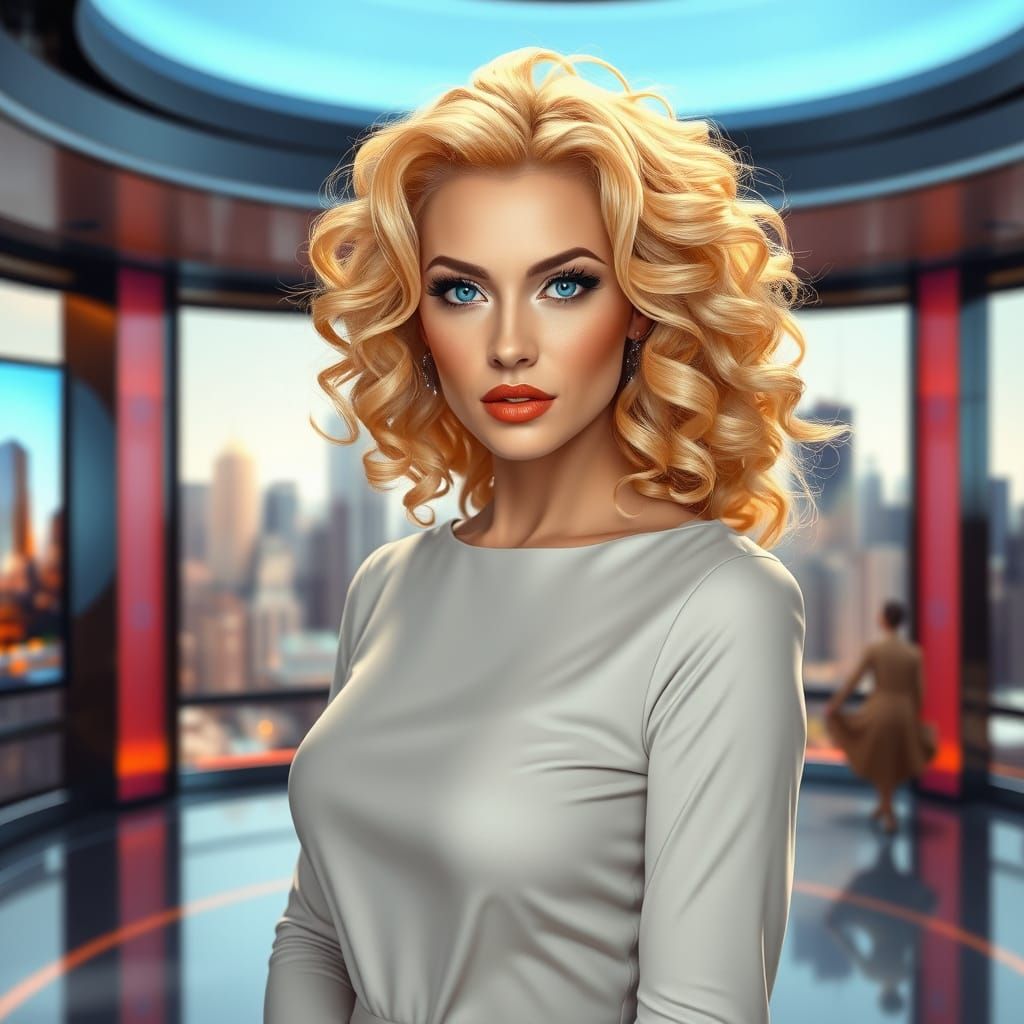 Confident Woman in Modern TV Studio with City Skyline