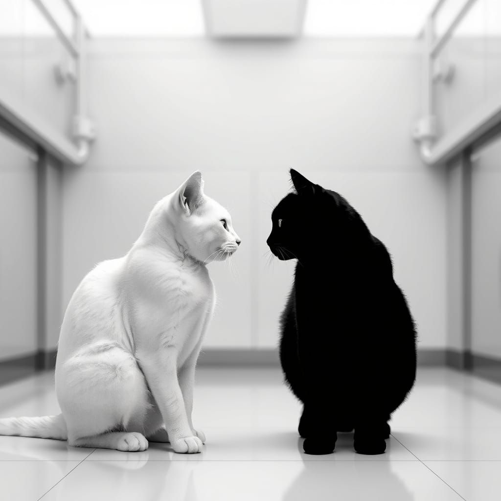 Monochrome Cats Face-Off in Minimalist Composition