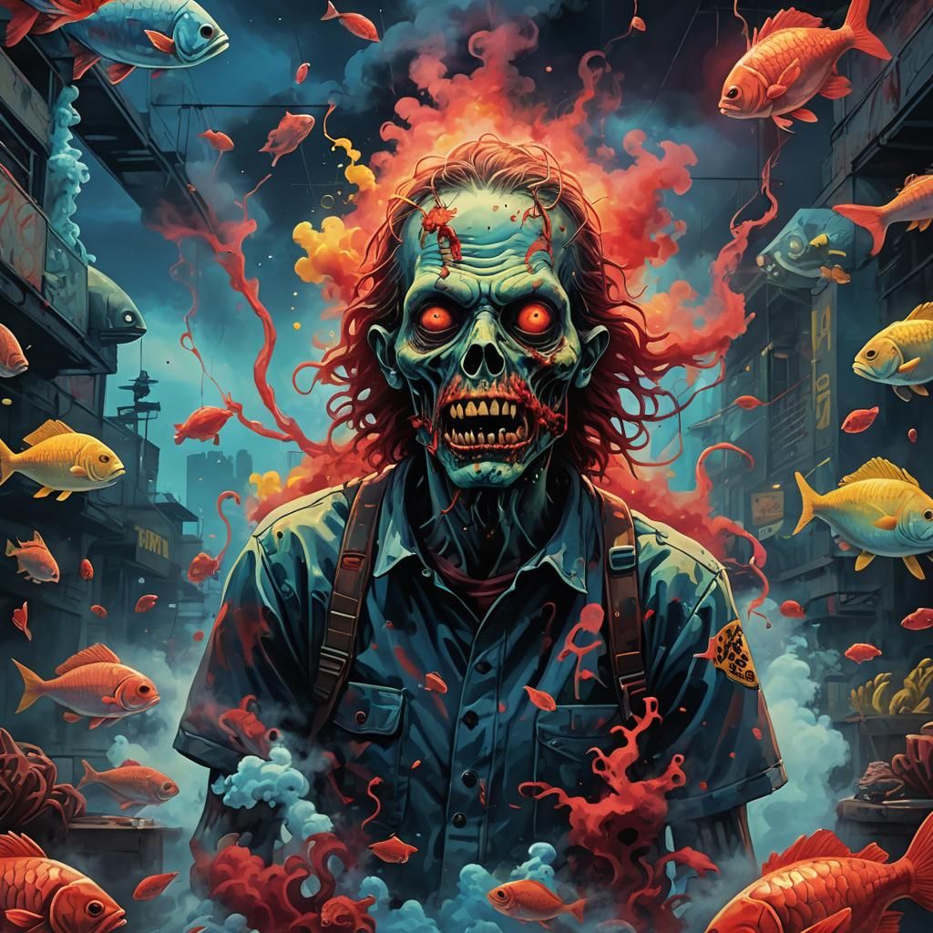 Zombie Street Art in Bioluminescent Sea