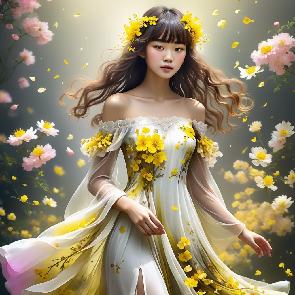 Ethereal Woman Adorned with Flowers in Digital Art