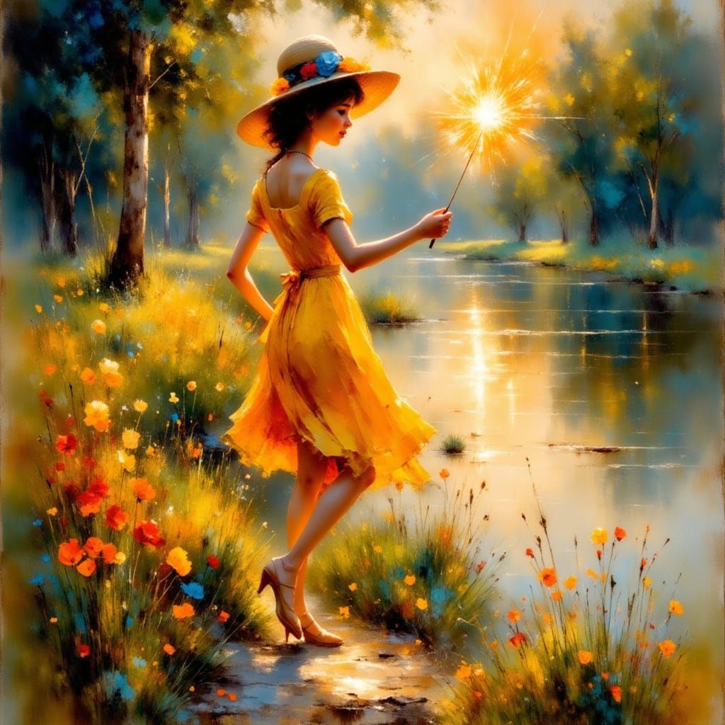 Impressionist Girl with Sparkler at Dusk