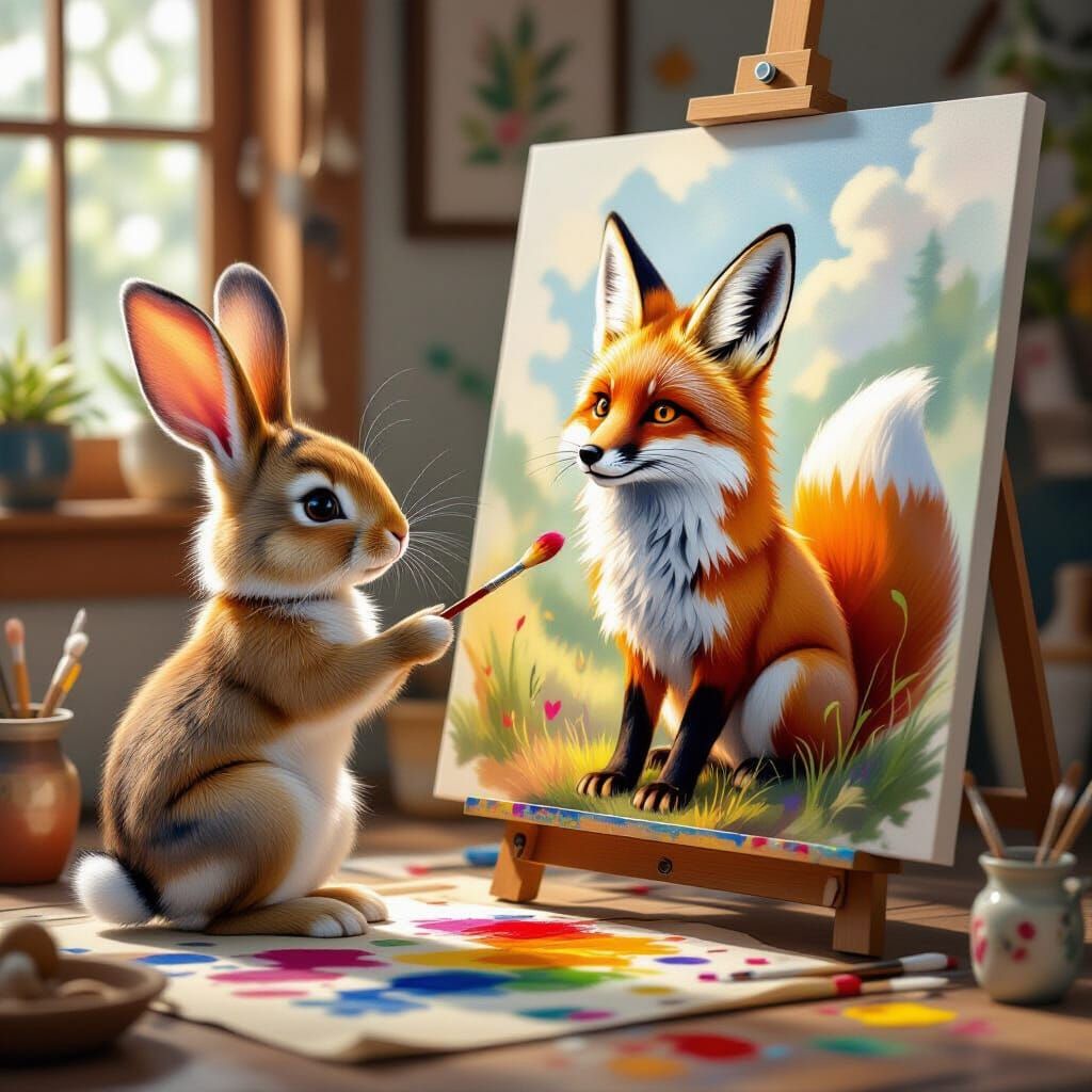 Rabbit Paints Lifelike Fox on Canvas in Fantasy Style
