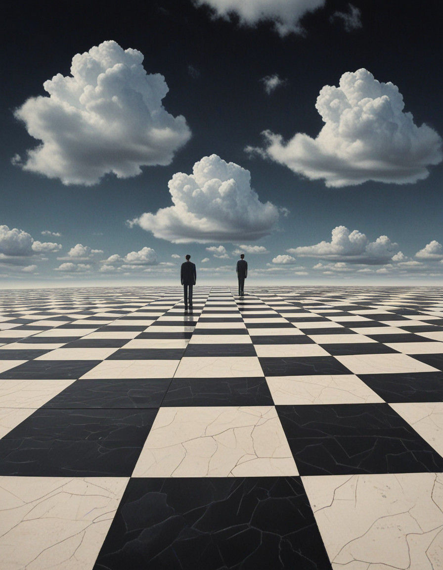 Surrealist Masterpiece with Transparent Faces and Checkerboa...