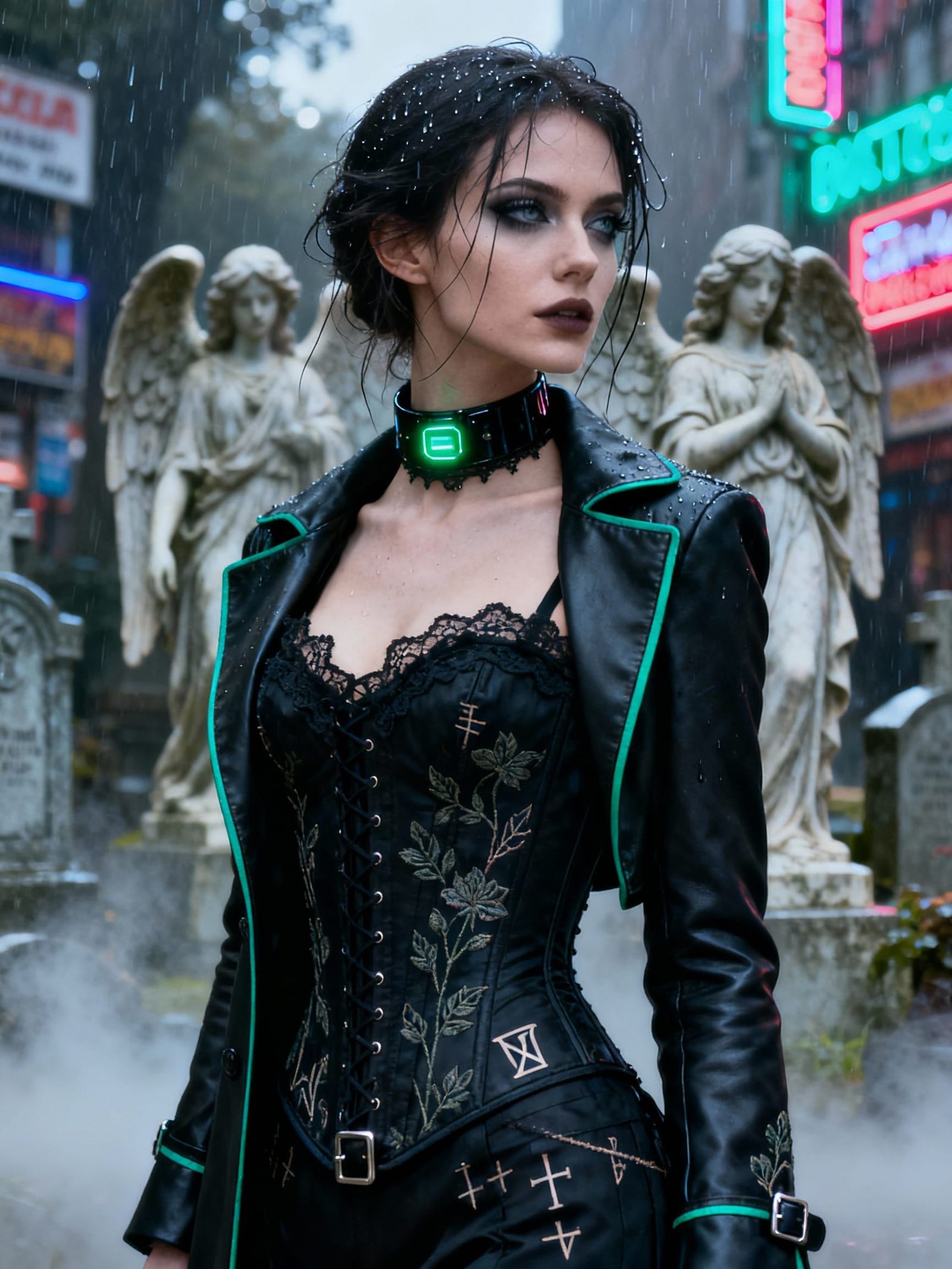 Goth Elegance Portrait with Botanical Lace and Emerald Glow