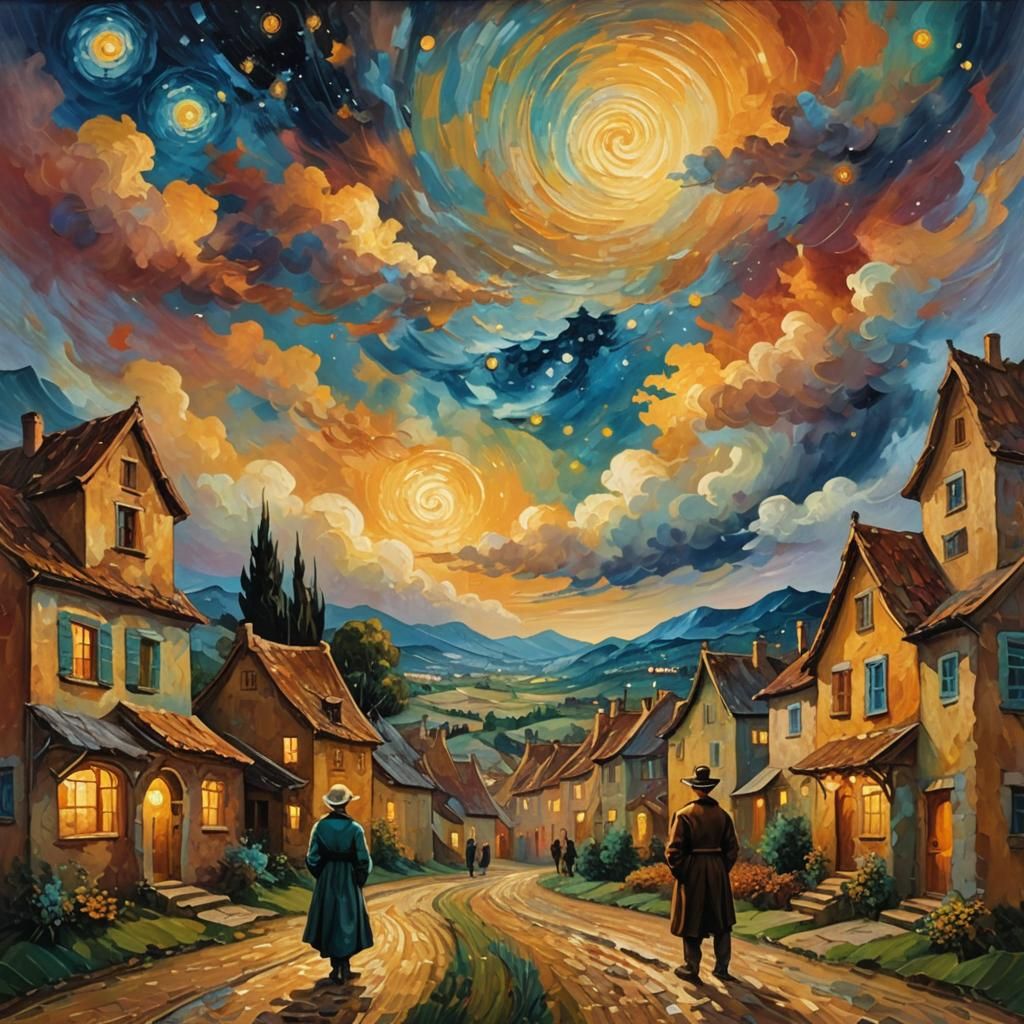 Village Figure Under Swirling Starry Skies as Oil Painting