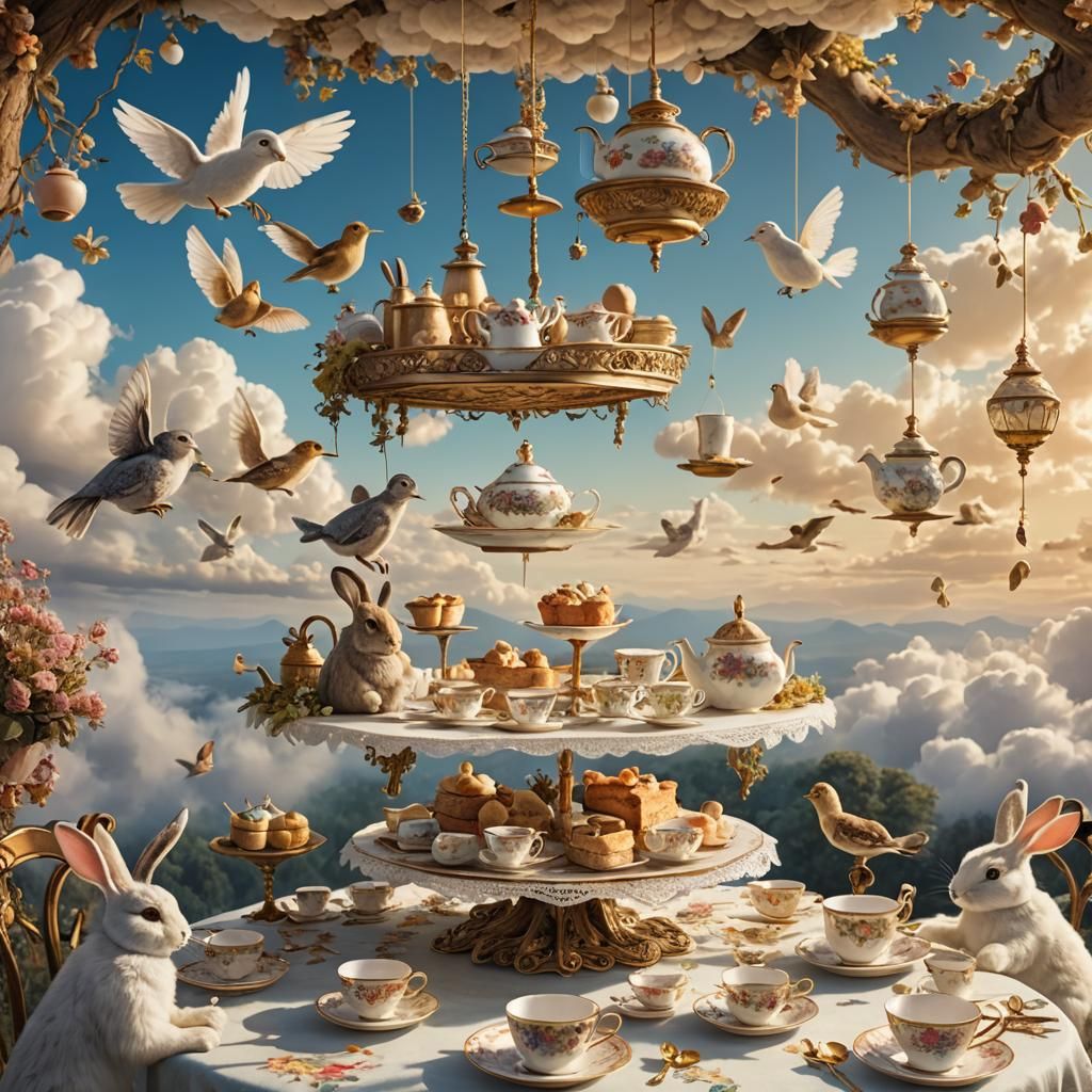 Whimsical Tea Party in the Sky: Fantasy Art