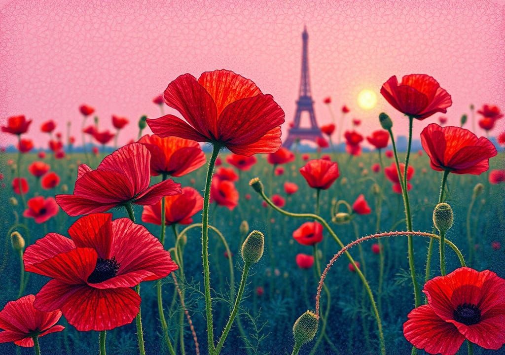 Poppies in Pink Evening Light, Pointillism Style