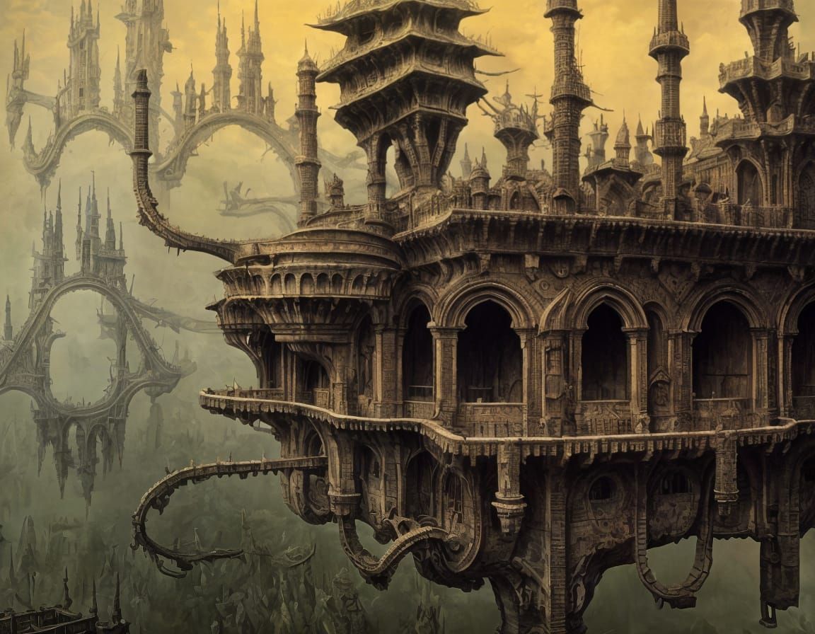 Floating Castle in a Dreamlike Landscape, in Escher-Inspired...