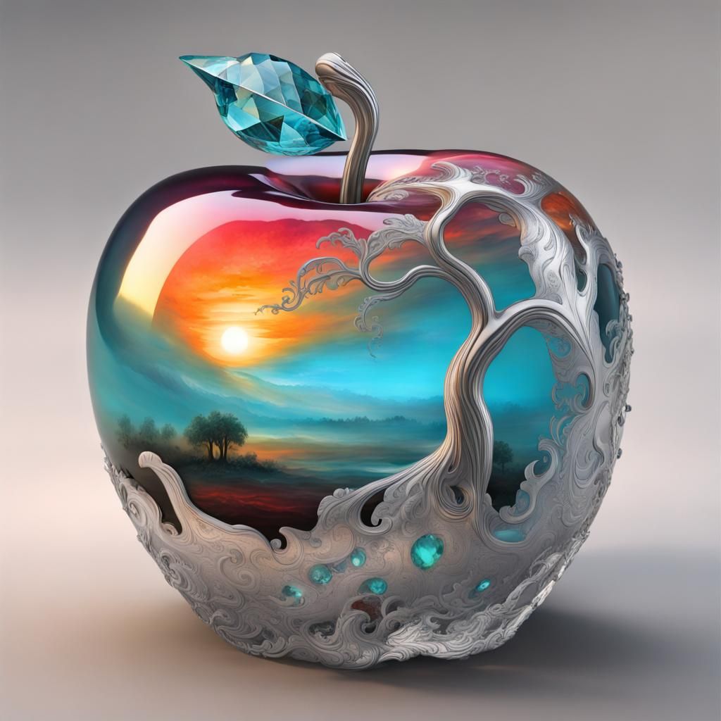 Crystal Apple with Sunset, Meticulous Brushwork Style