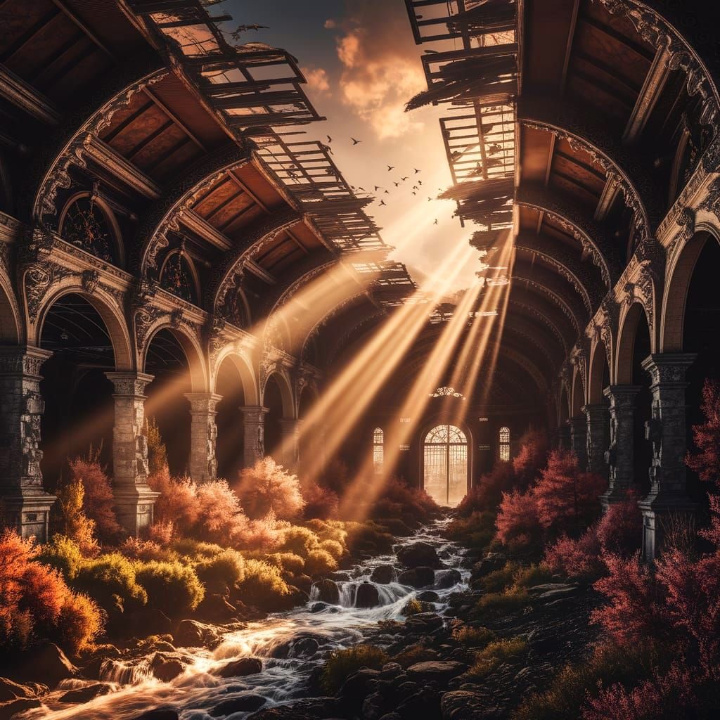 Mystical Ruined Train Station with Lush Nature