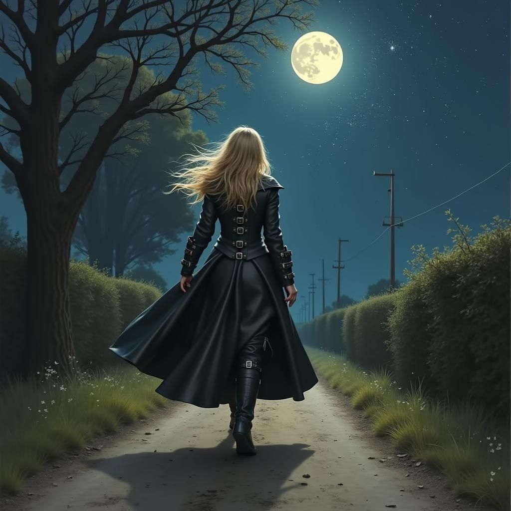 Ethereal Woman Walks Deserted Road at Night