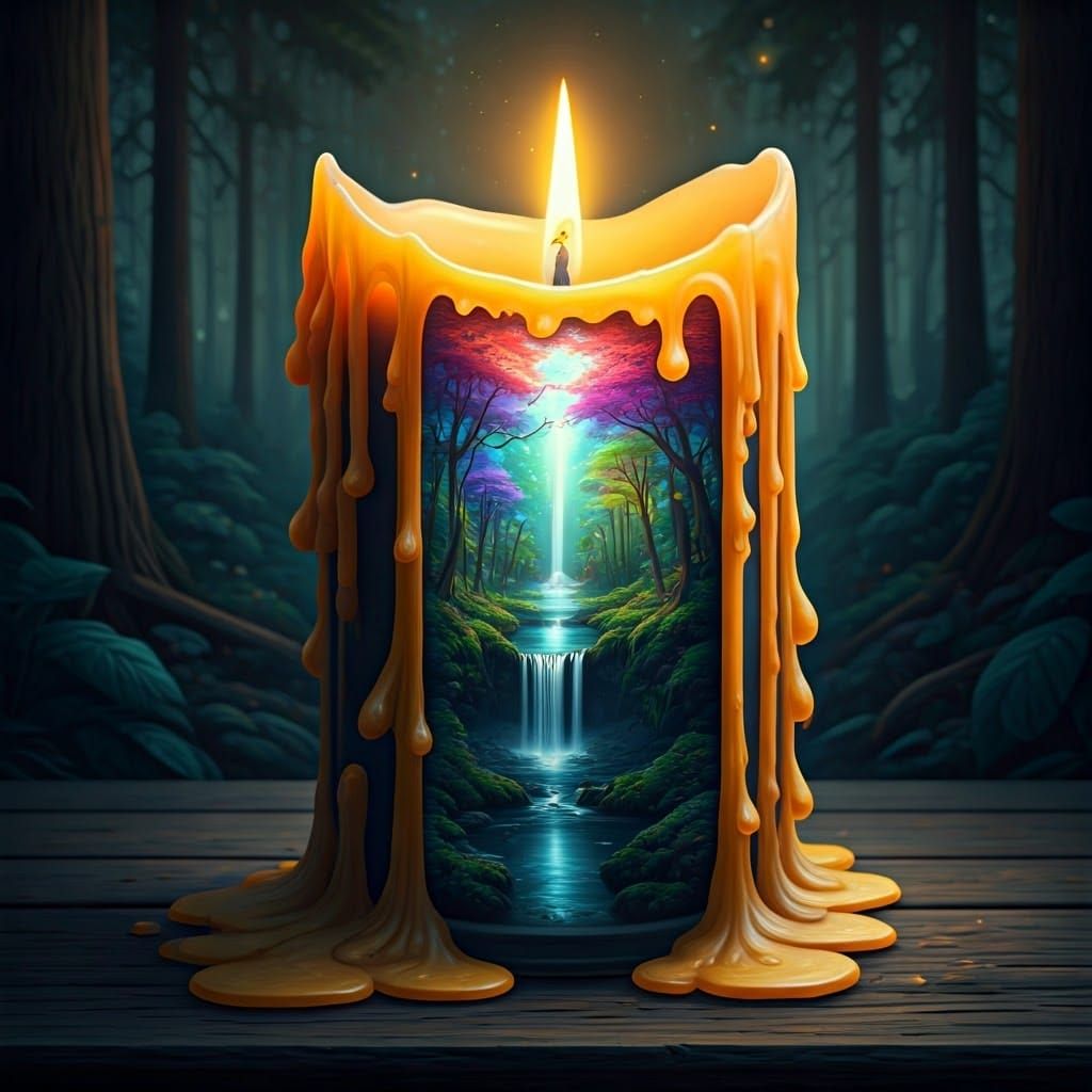 Hyperrealistic Candle Forest Scene in Vibrant Colors
