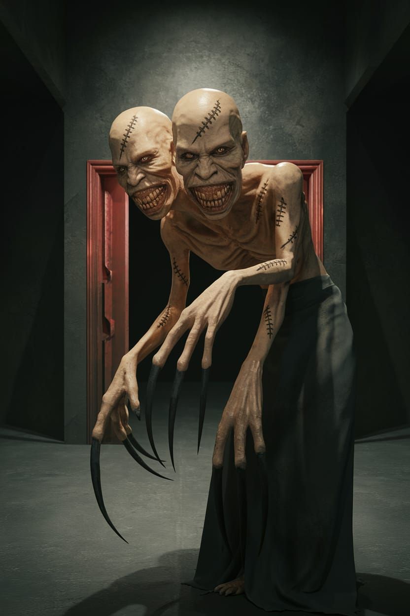 Grotesque Three-Headed Monstrosity in Crimson Void