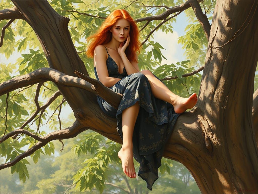 Woman in Vibrant Orange Hair Seated in a Tree, Wearing a Blu...
